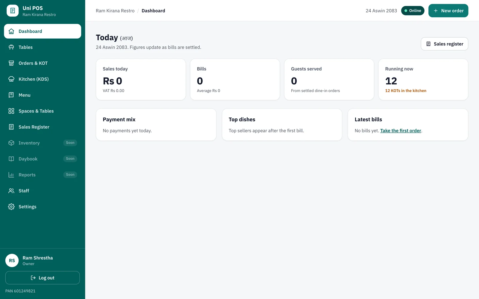 Owner dashboard with today's sales, payment mix and top items