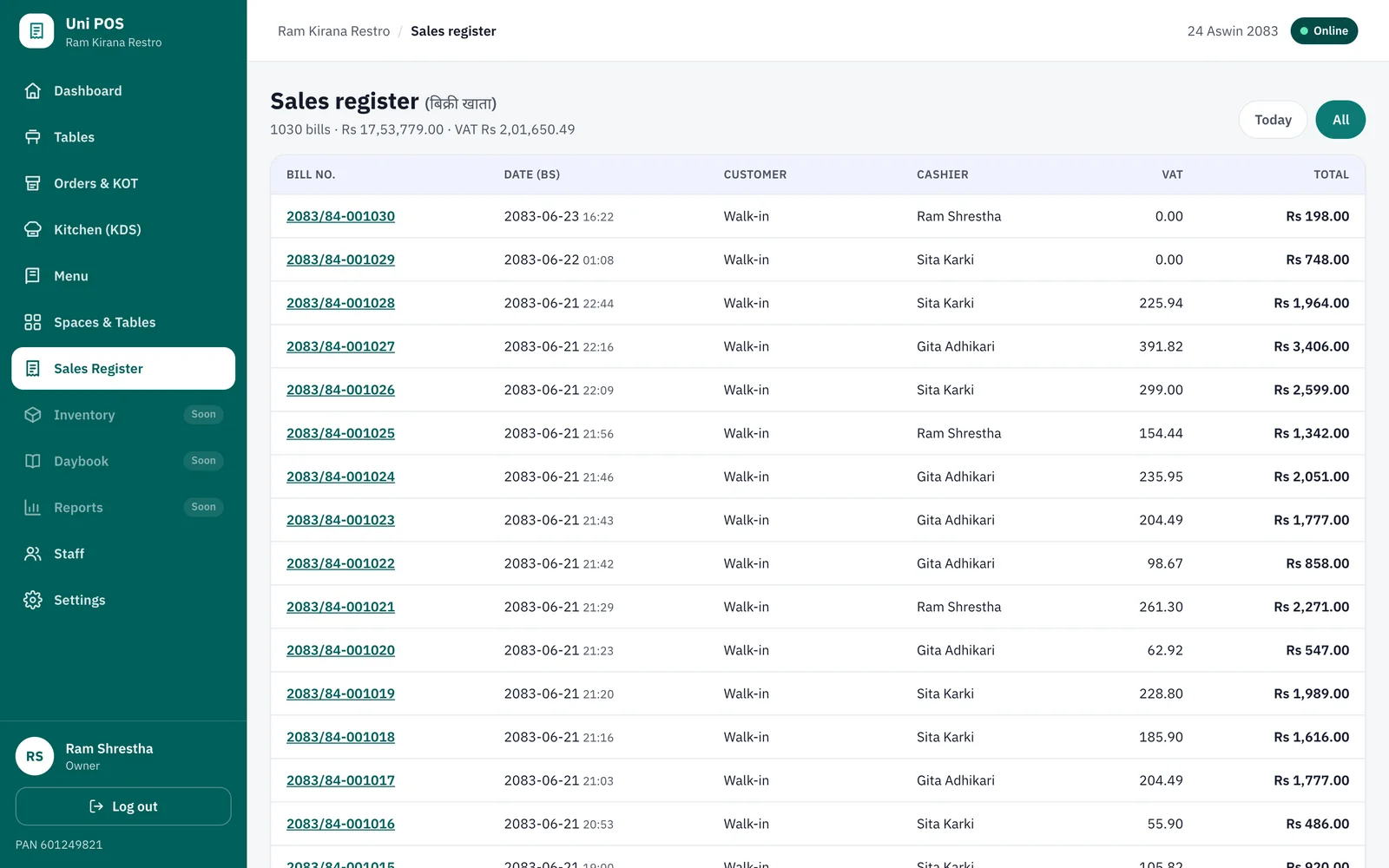 Sales register listing bills with Bikram Sambat dates and totals