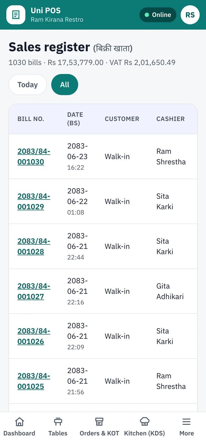 Sales register on a phone
