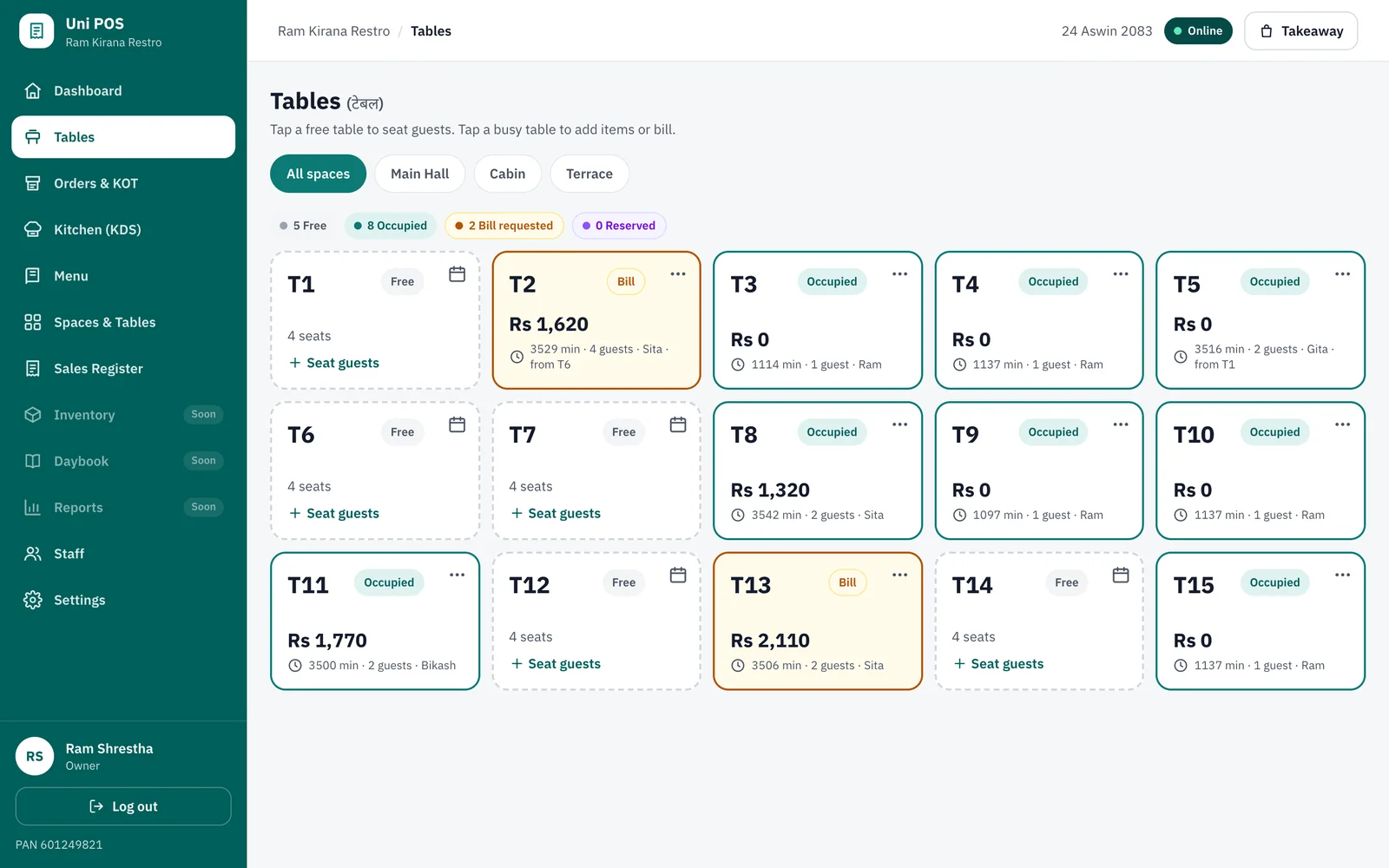 Live table board showing free, occupied, bill-requested and reserved tables